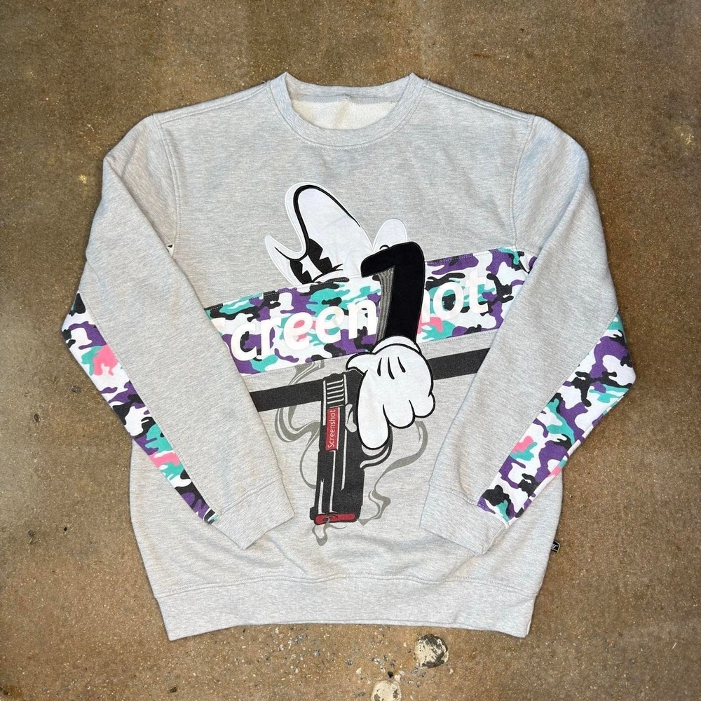 Screenshot Mens Graphic Sweatshirt Gray Camo Cartoon Streetwear Crewneck L